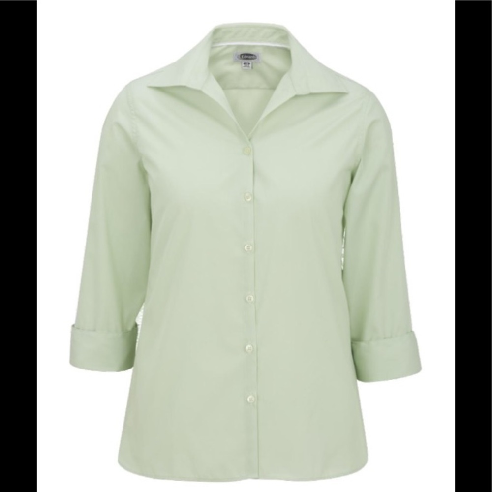 Green shirt button front cotton blend shirt 3/4 sleeves collared shirt women PL
